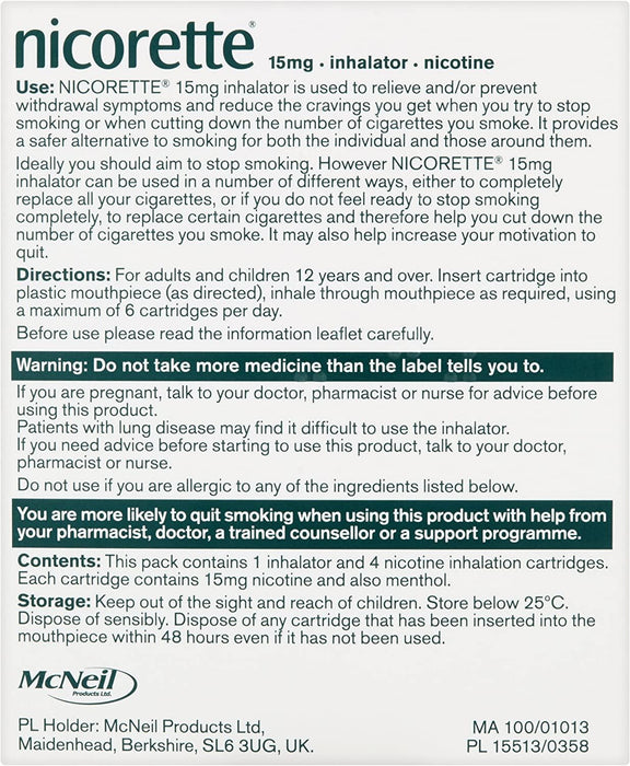 Nicorette 15mg Inhalator Nicotine 4 Cartridges Stop Smoking Aid