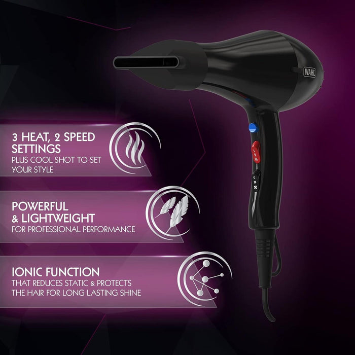 Wahl ZY141 Ionic Style Hair Dryer Powerful 2200W Ionic Blow Dryer with Nozzle