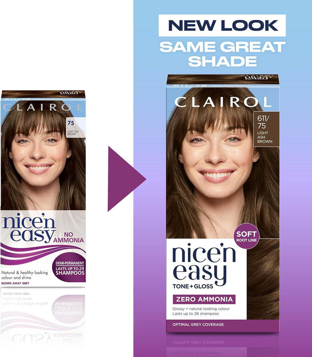 Clairol Nice’n Easy Tone + Gloss 611/75 Light Ash Brown – Hair Colour & Shine