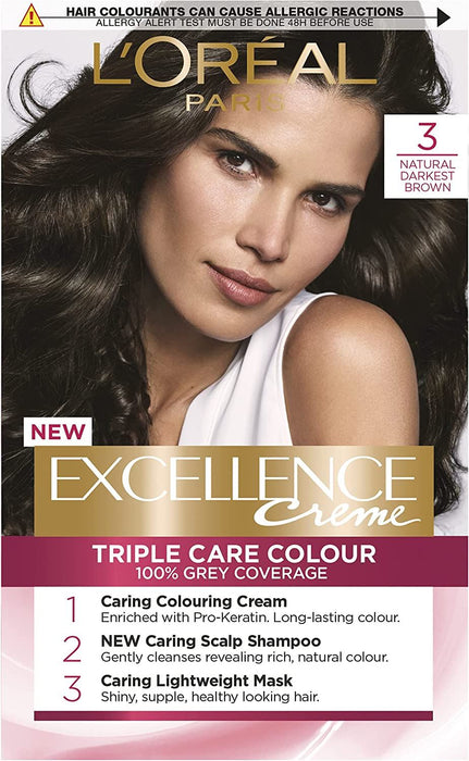 L'Oreal Excellence Permanent Hair Colour Dye - 3 Natural Darkest Brown