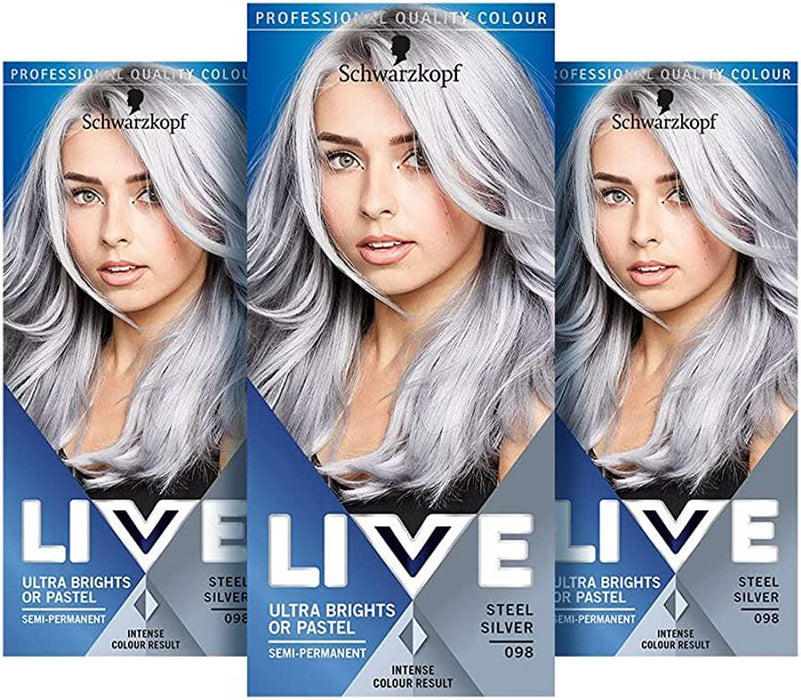 Schwarzkopf Live Ultra Brights Hair Colour 098 Steel Silver Pack Of 3