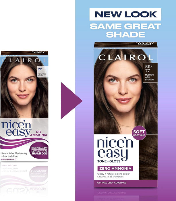 Clairol Nice’n Easy Tone + Gloss 511/77 Medium Ash Brown – Hair Colour & Gloss