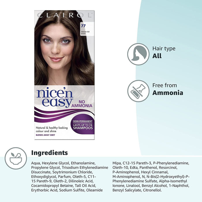 Clairol Nice & Easy Hair Colour Dye No Ammonia - 77 Medium Ash Brown